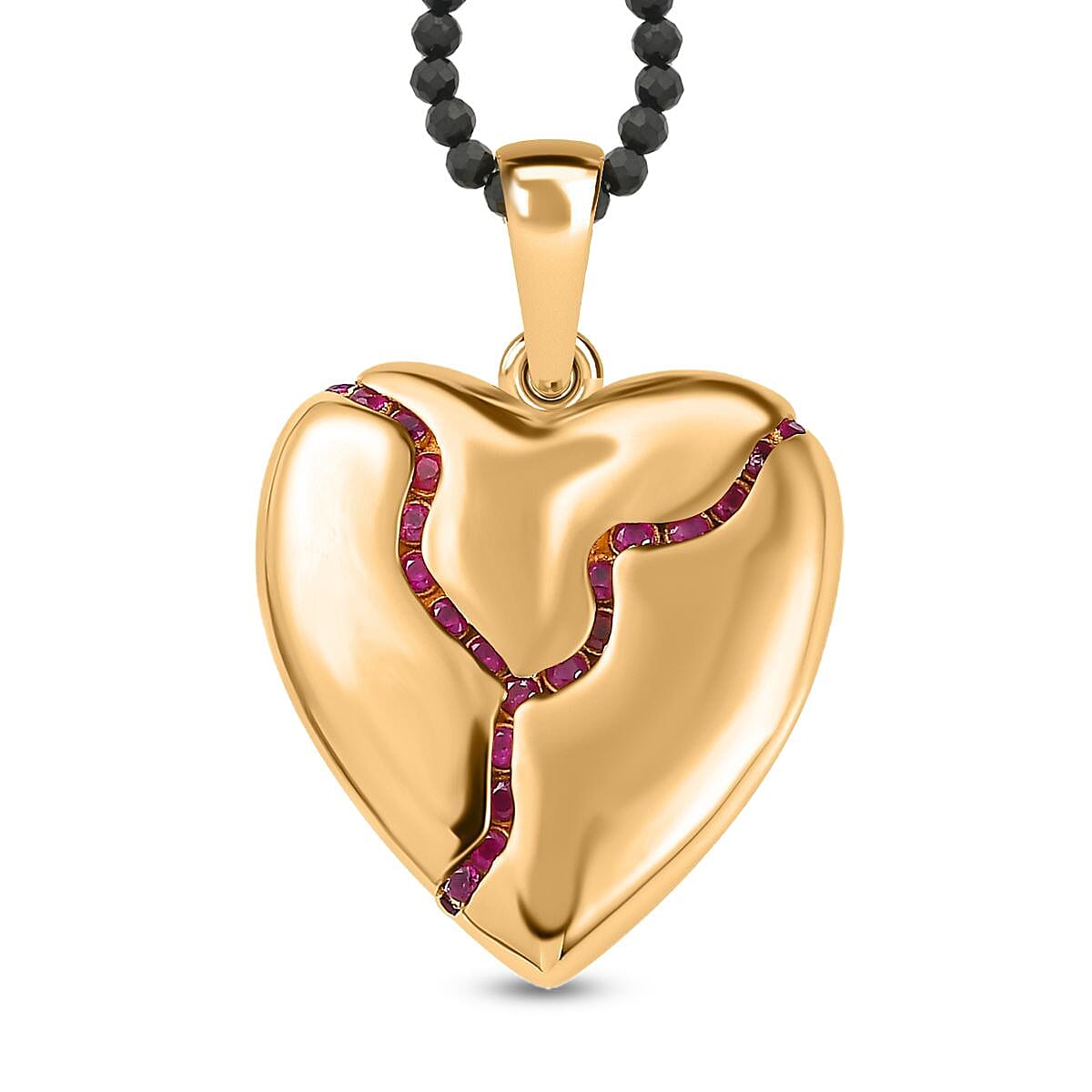 Ruby Heart Pendant with Thai Black Spinel Beaded Necklace 20 Inches in Vermeil Yellow Gold Over Sterling Silver 75.55 ctw