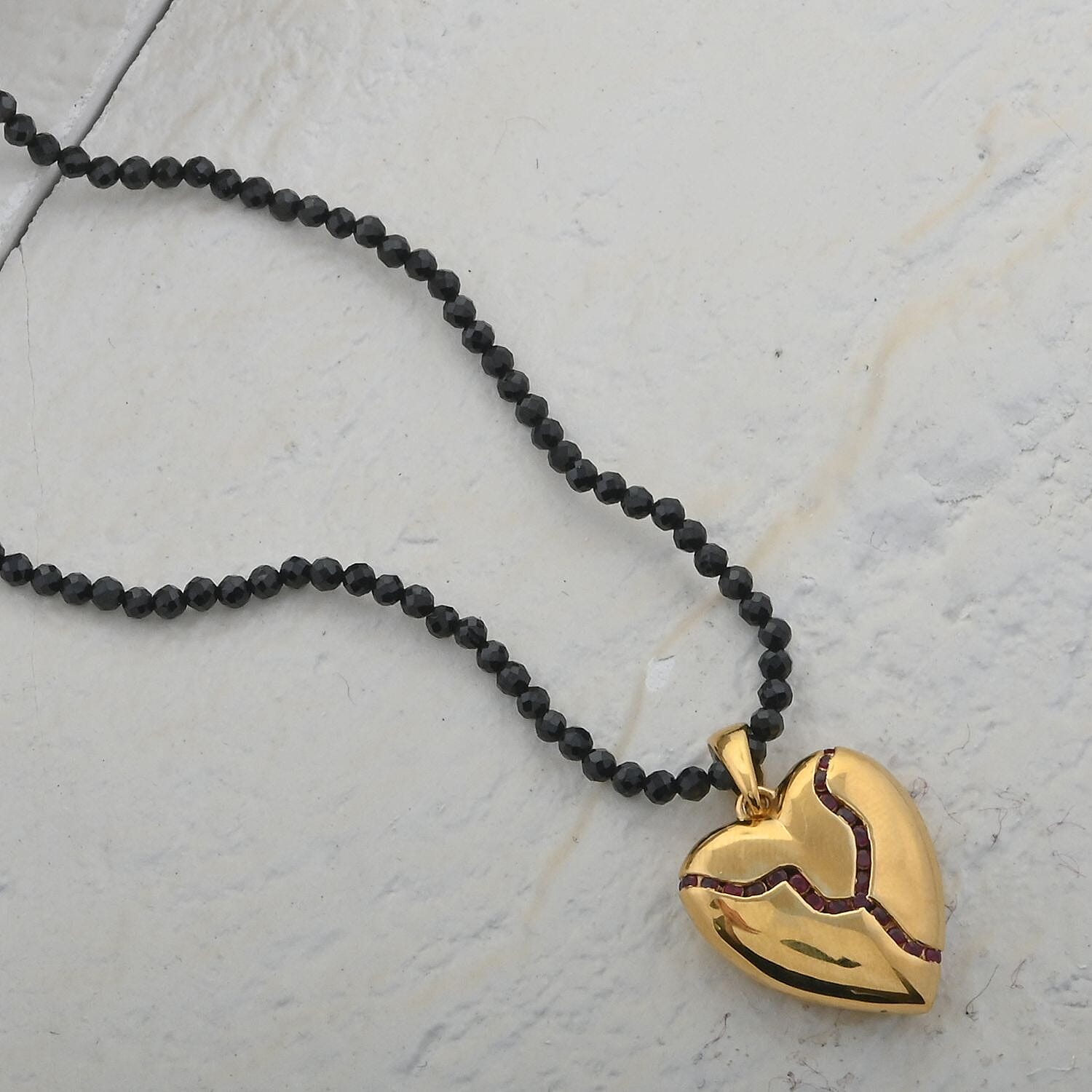 Ruby Heart Pendant with Thai Black Spinel Beaded Necklace 20 Inches in Vermeil Yellow Gold Over Sterling Silver 75.55 ctw