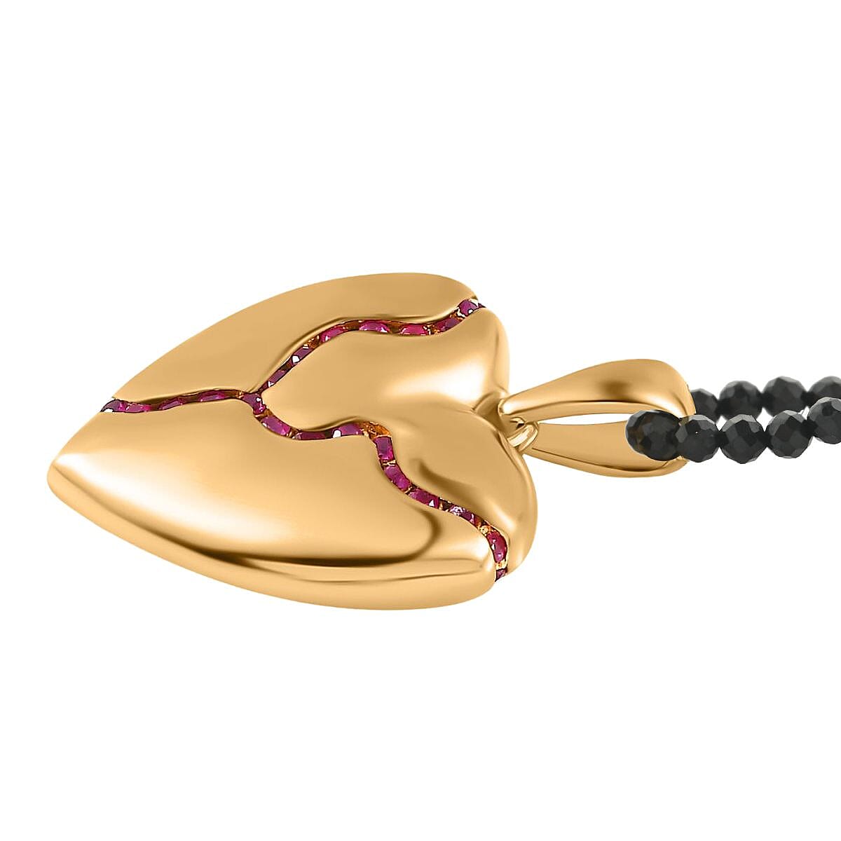 Ruby Heart Pendant with Thai Black Spinel Beaded Necklace 20 Inches in Vermeil Yellow Gold Over Sterling Silver 75.55 ctw