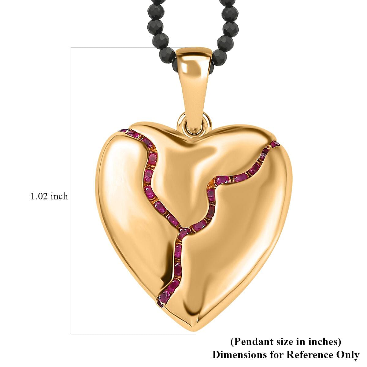 Ruby Heart Pendant with Thai Black Spinel Beaded Necklace 20 Inches in Vermeil Yellow Gold Over Sterling Silver 75.55 ctw