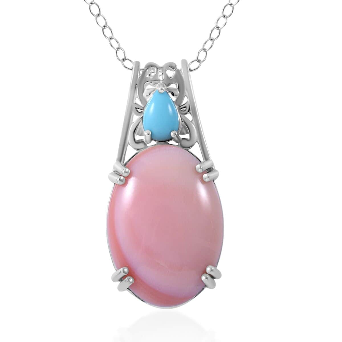 Natural Pink Conch Shell and Sleeping Beauty Turquoise Pendant Necklace 18 Inches in Platinum Over Sterling Silver 10.40 ctw image number 0