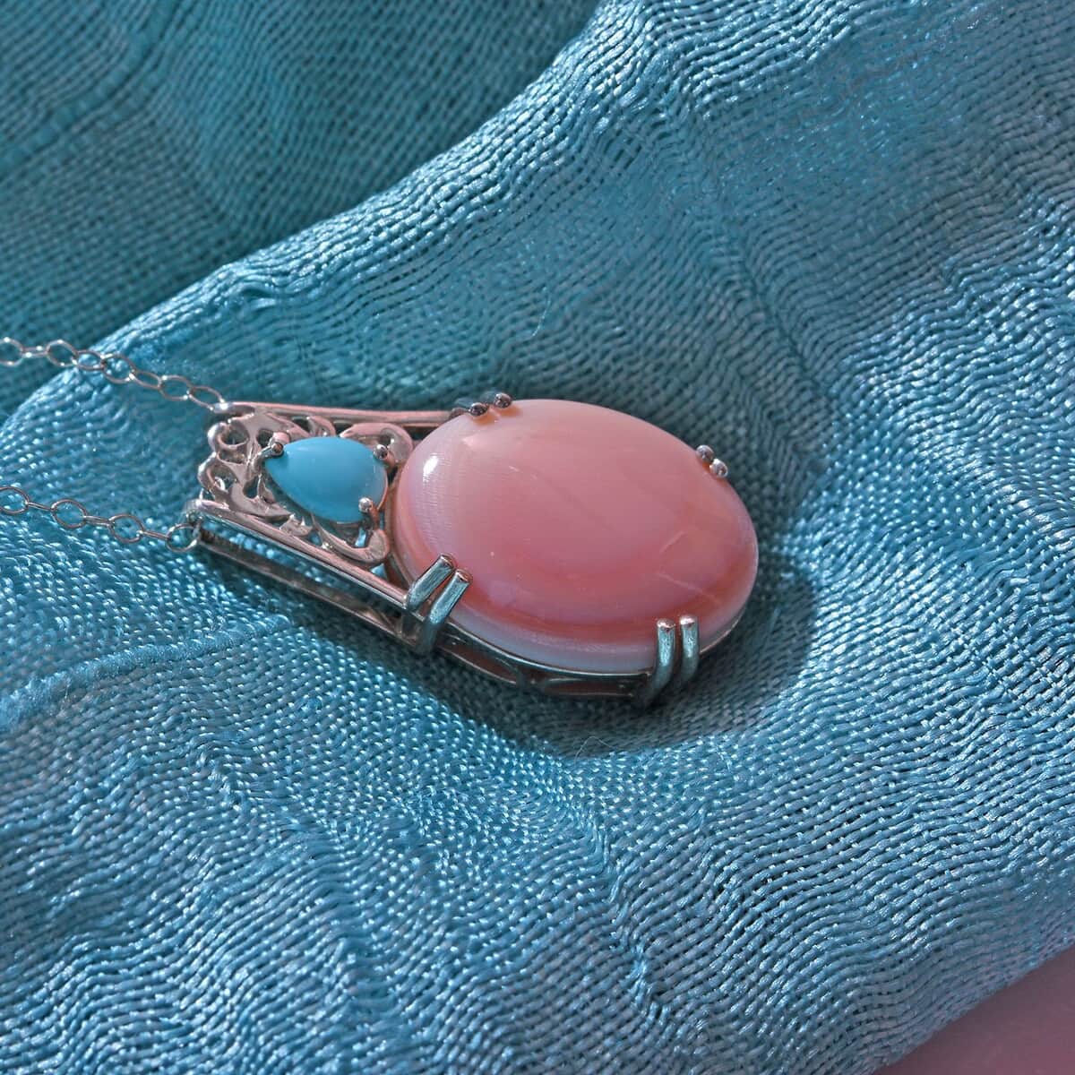 Natural Pink Conch Shell and Sleeping Beauty Turquoise Pendant Necklace 18 Inches in Platinum Over Sterling Silver 10.40 ctw image number 1