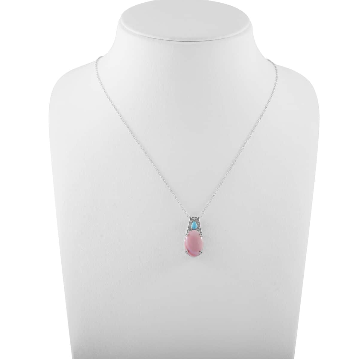 Natural Pink Conch Shell and Sleeping Beauty Turquoise Pendant Necklace 18 Inches in Platinum Over Sterling Silver 10.40 ctw image number 2