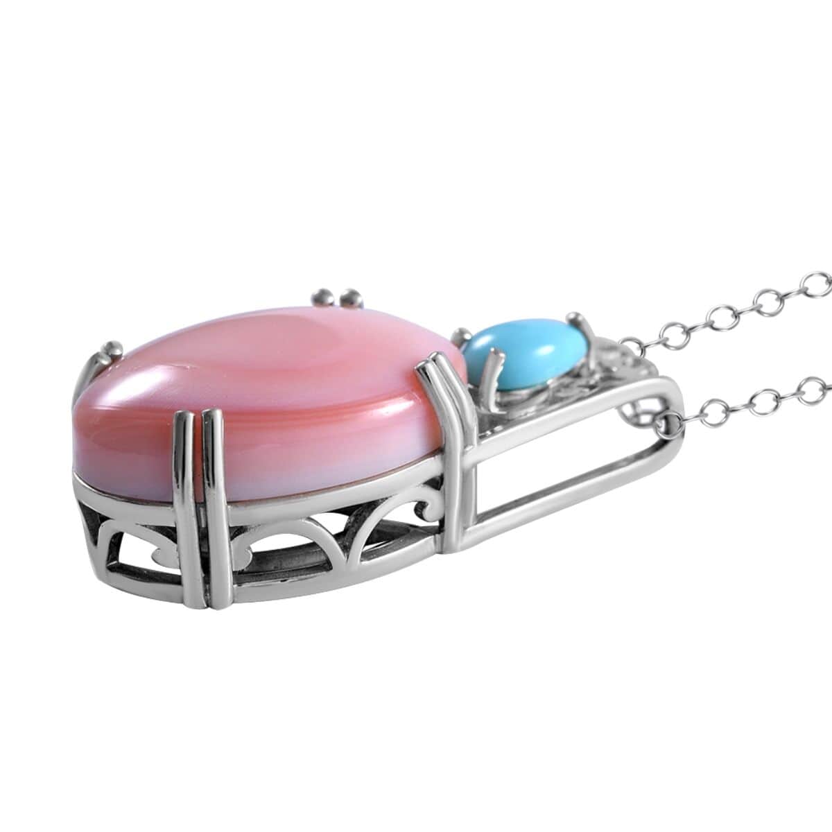 Natural Pink Conch Shell and Sleeping Beauty Turquoise Pendant Necklace 18 Inches in Platinum Over Sterling Silver 10.40 ctw image number 3