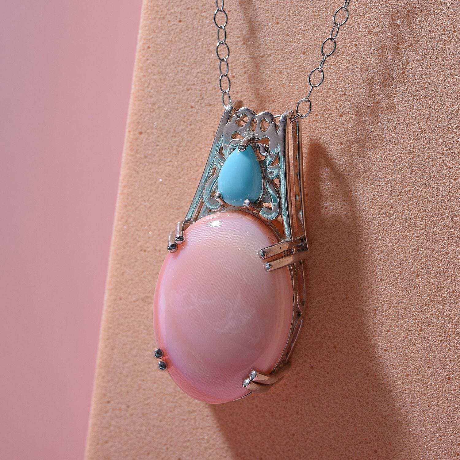 Natural Pink Conch Shell and Sleeping Beauty Turquoise Pendant Necklace 18 Inches in Platinum Over Sterling Silver 10.40 ctw