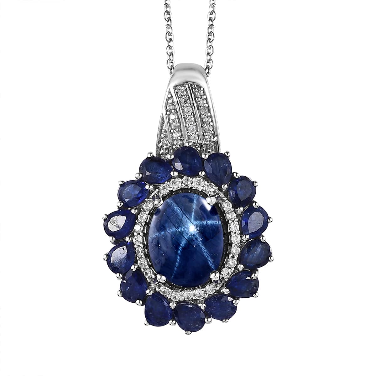 Blue Star Sapphire (DF) and Multi Gemstone Floral Pendant Necklace 20 Inches in Platinum Over Sterling Silver 9.60 ctw image number 0