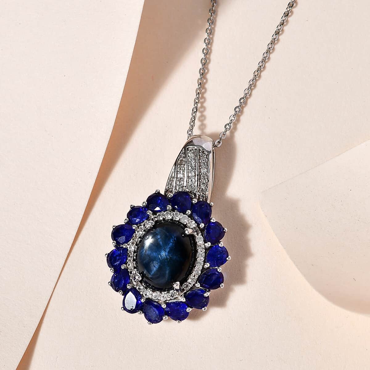 Blue Star Sapphire (DF) and Multi Gemstone Floral Pendant Necklace 20 Inches in Platinum Over Sterling Silver 9.60 ctw image number 1