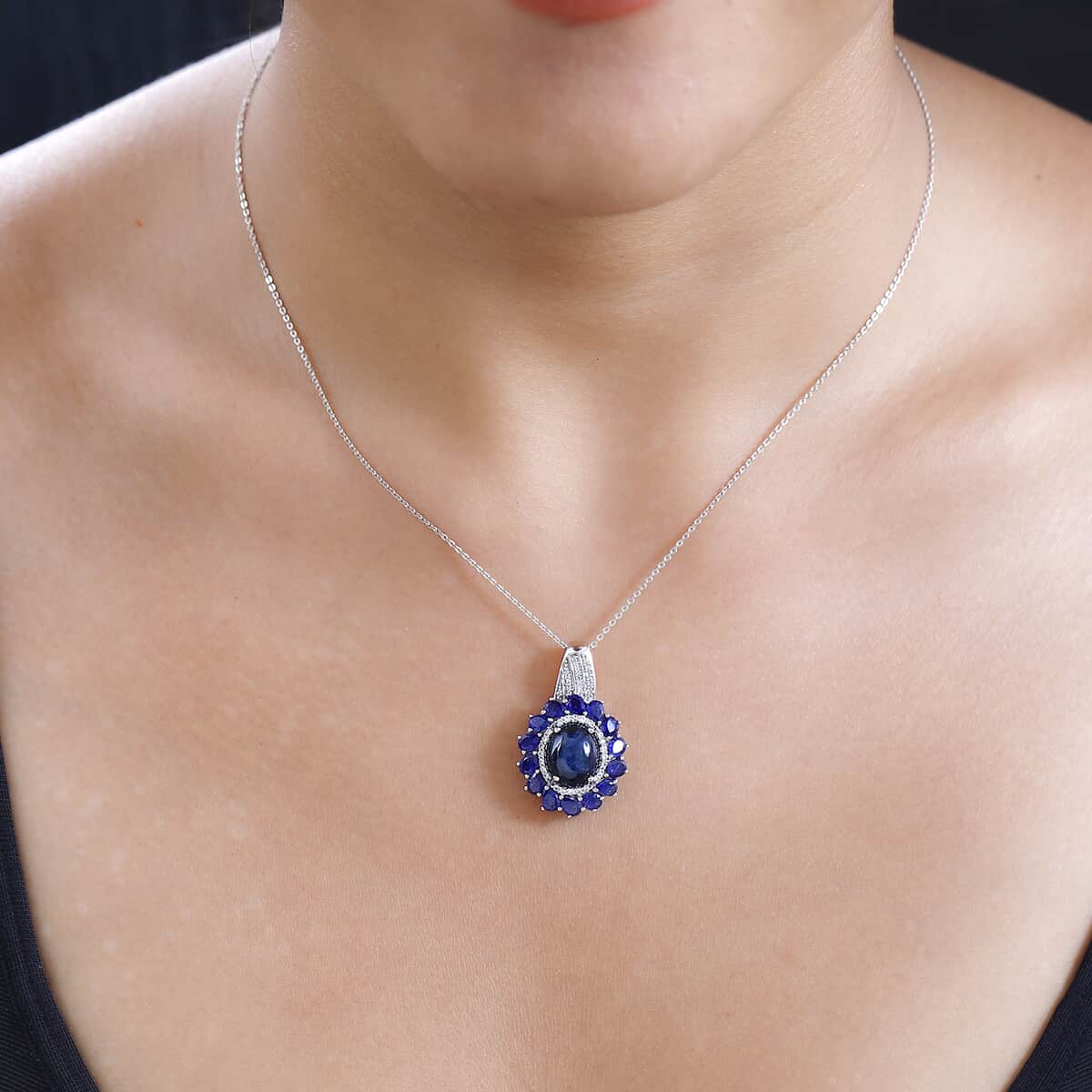 Blue Star Sapphire (DF) and Multi Gemstone Floral Pendant Necklace 20 Inches in Platinum Over Sterling Silver 9.60 ctw image number 2
