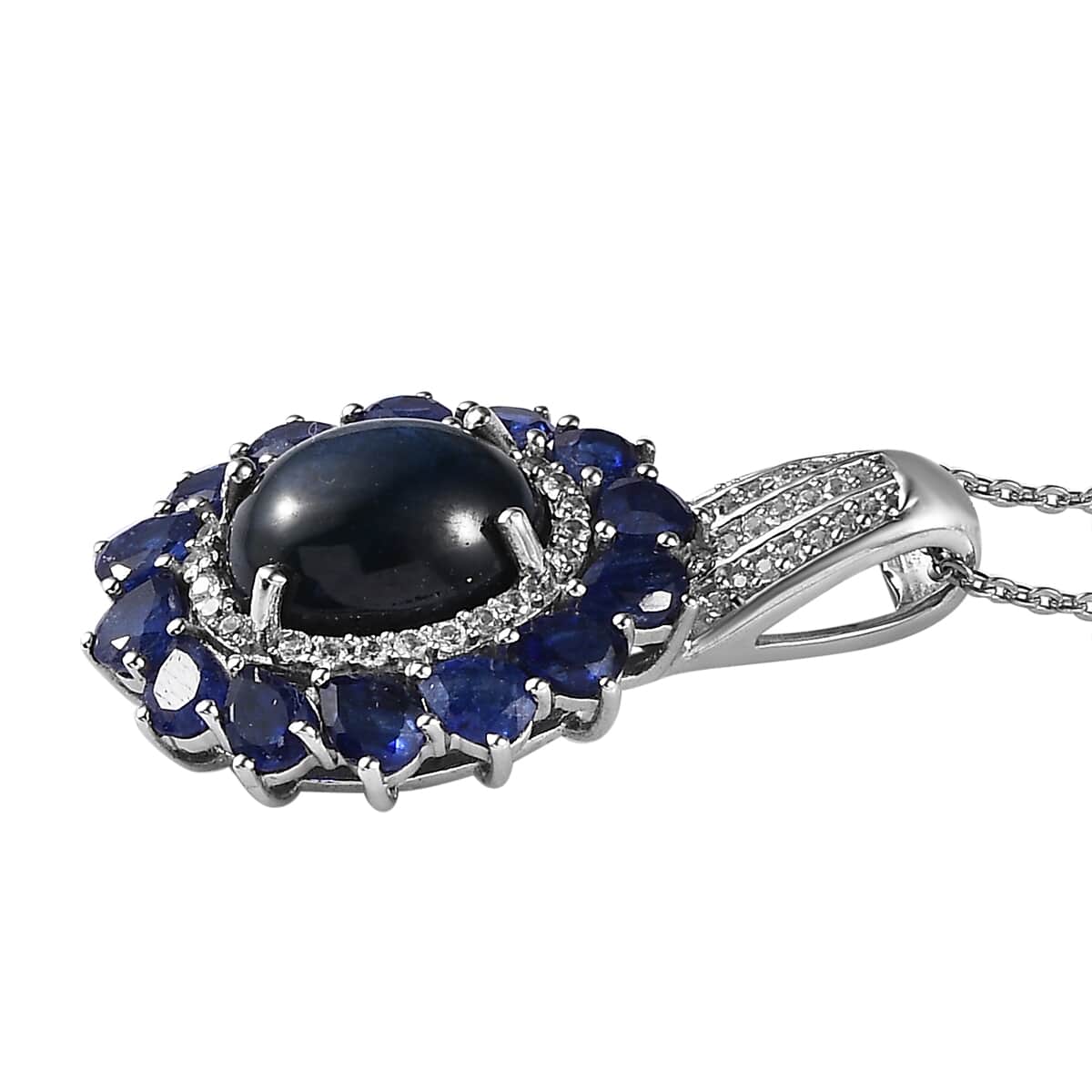 Blue Star Sapphire (DF) and Multi Gemstone Floral Pendant Necklace 20 Inches in Platinum Over Sterling Silver 9.60 ctw image number 3