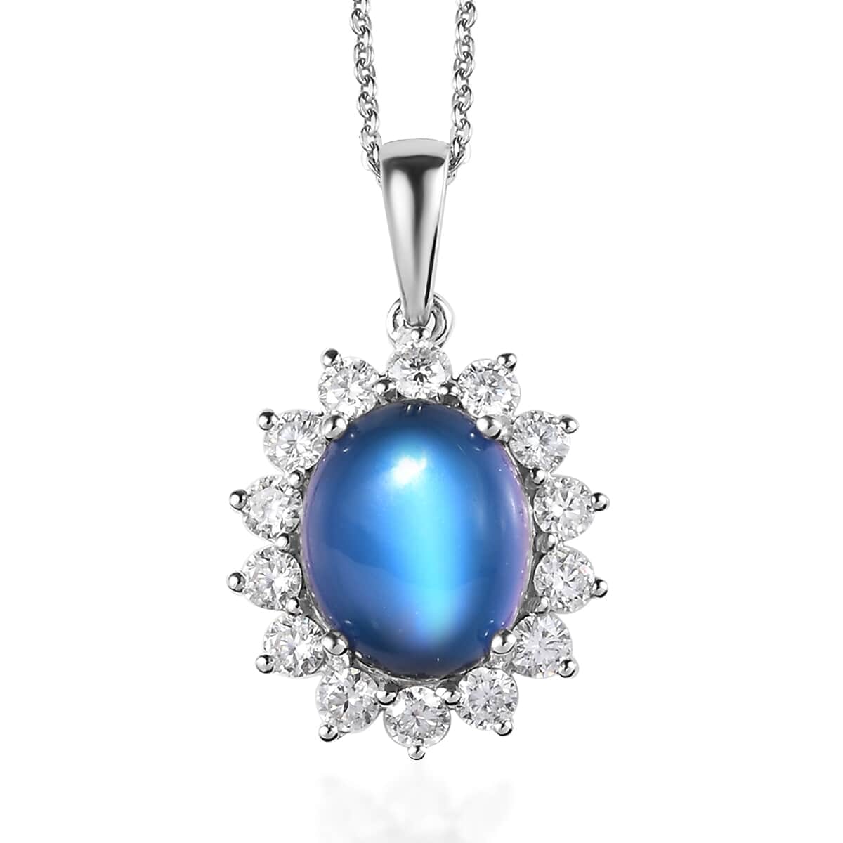 Aurora Moonstone and Moissanite Sunburst Pendant Necklace 20 Inches in Platinum Over Sterling Silver 4.75 ctw image number 0