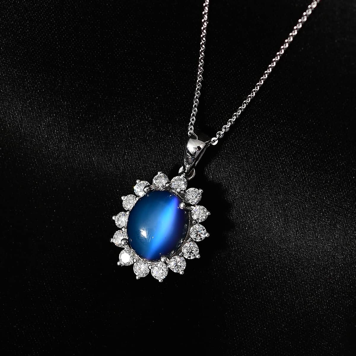 Aurora Moonstone and Moissanite Sunburst Pendant Necklace 20 Inches in Platinum Over Sterling Silver 4.75 ctw image number 2