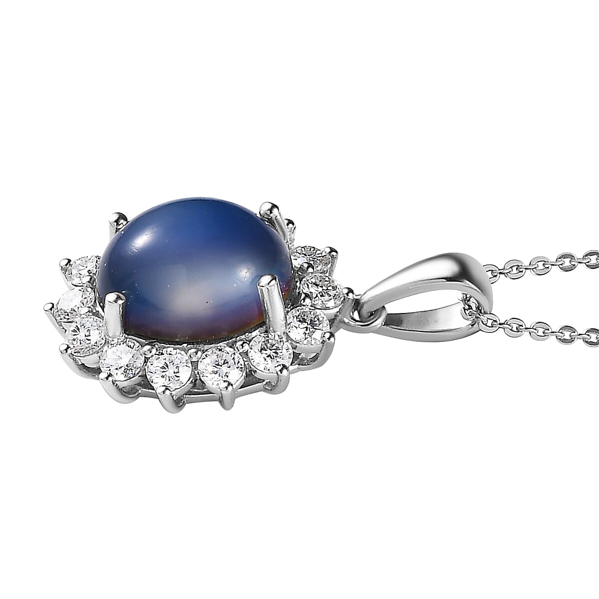 Aurora Moonstone and Moissanite Sunburst Pendant Necklace 20 Inches in Platinum Over Sterling Silver 4.75 ctw