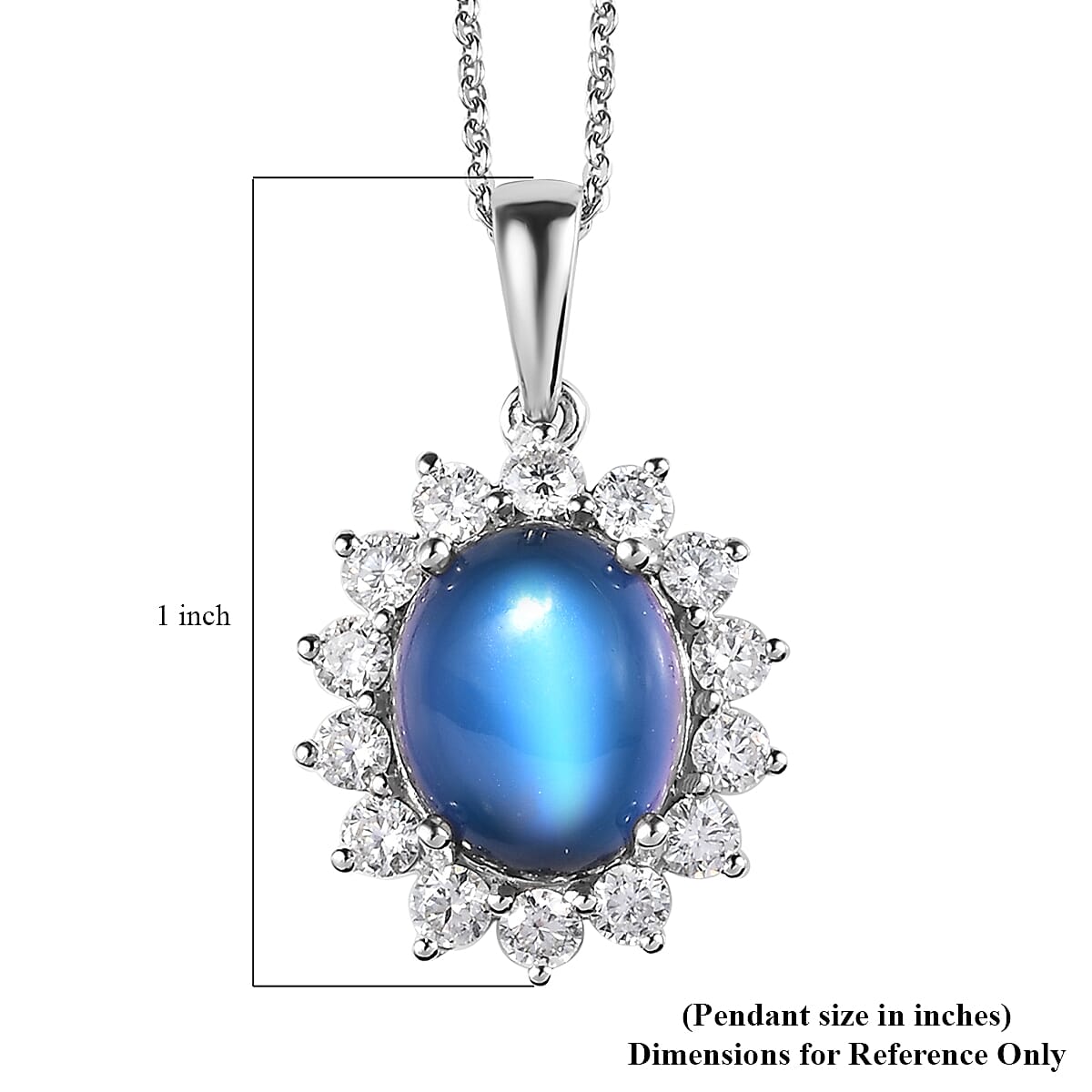 Aurora Moonstone and Moissanite Sunburst Pendant Necklace 20 Inches in Platinum Over Sterling Silver 4.75 ctw