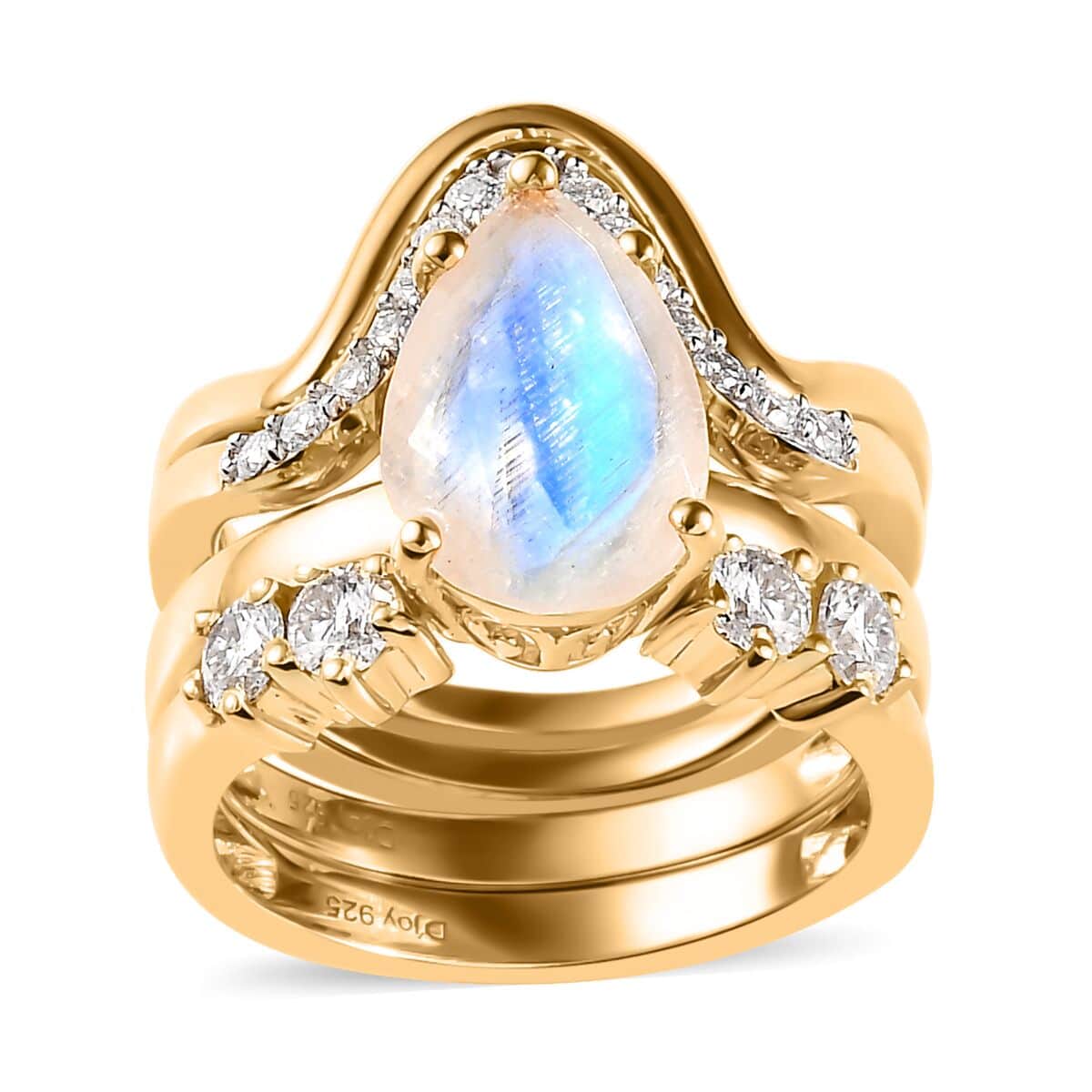 Rainbow Moonstone and Moissanite Set of 4 Stackable Ring in Vermeil Yellow Gold Over Sterling Silver (Size 6) 3.60 ctw image number 0