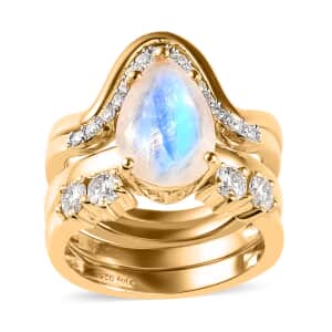 Rainbow Moonstone and Moissanite Set of 4 Stackable Ring in Vermeil Yellow Gold Over Sterling Silver (Size 7) 3.60 ctw
