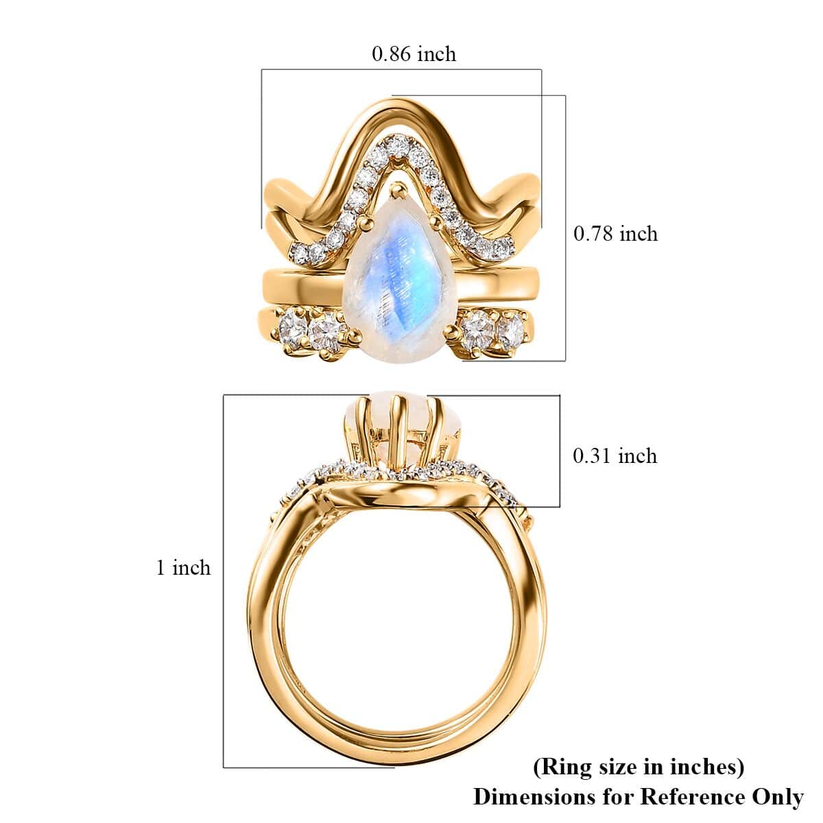 Rainbow Moonstone and Moissanite Set of 4 Stackable Ring in Vermeil Yellow Gold Over Sterling Silver (Size 7) 3.60 ctw image number 5