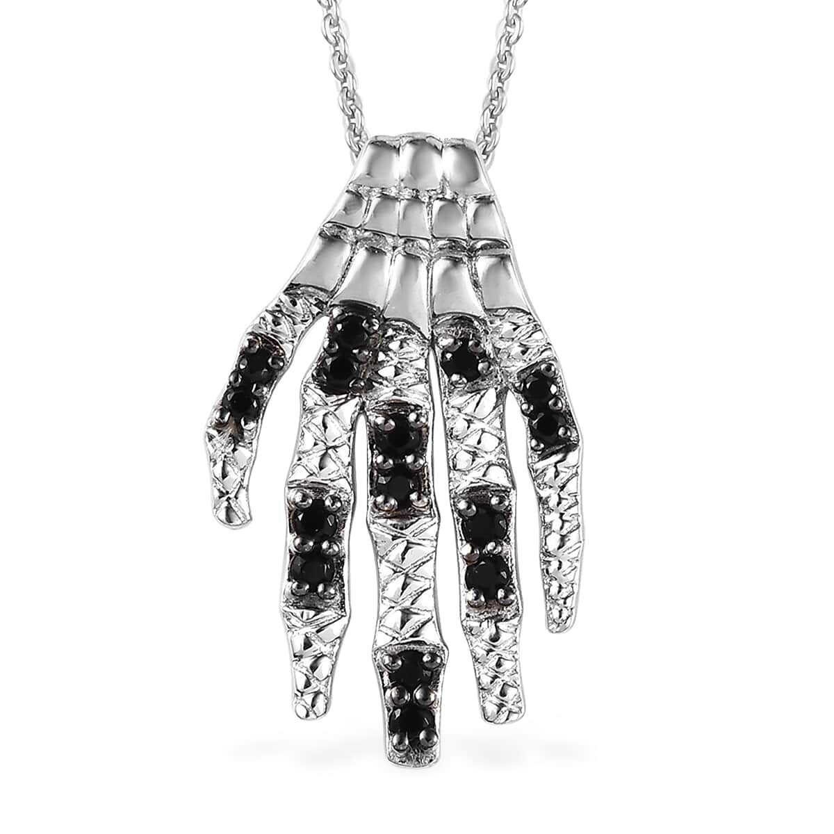 Thai Black Spinel Skeleton Hand Pendant Necklace 20 Inches in Platinum Over Sterling Silver 0.12 ctw image number 0