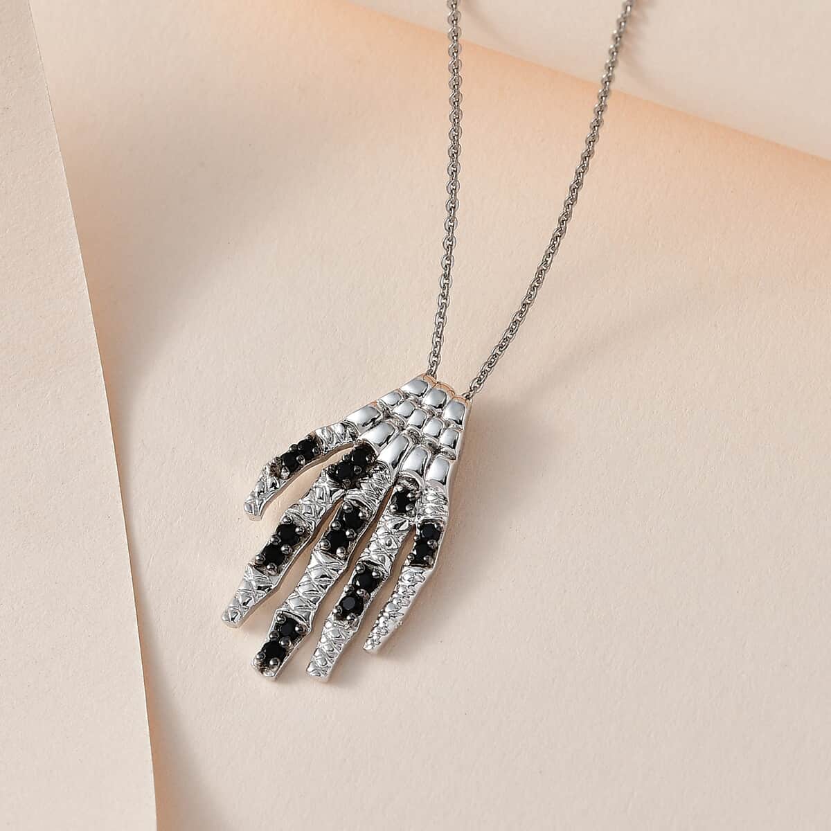 Thai Black Spinel Skeleton Hand Pendant Necklace 20 Inches in Platinum Over Sterling Silver 0.12 ctw image number 1