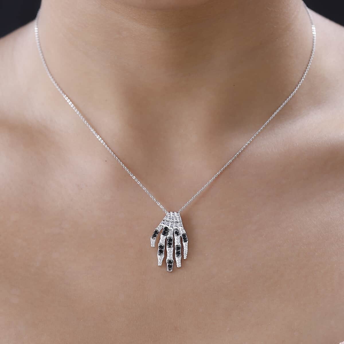 Thai Black Spinel Skeleton Hand Pendant Necklace 20 Inches in Platinum Over Sterling Silver 0.12 ctw image number 2