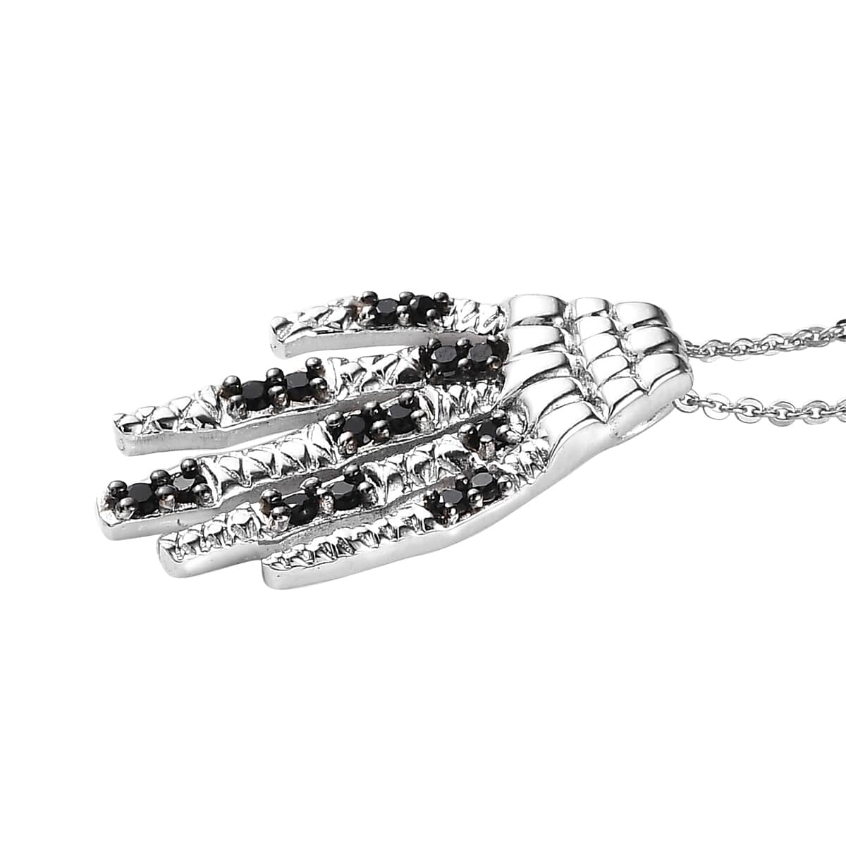 Thai Black Spinel Skeleton Hand Pendant Necklace 20 Inches in Platinum Over Sterling Silver 0.12 ctw image number 3