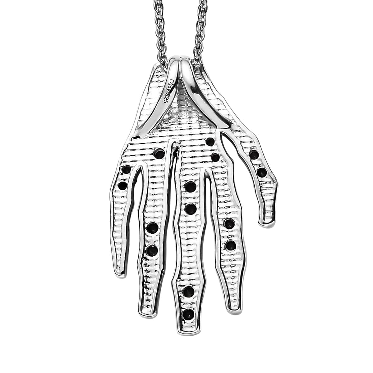 Thai Black Spinel Skeleton Hand Pendant Necklace 20 Inches in Platinum Over Sterling Silver 0.12 ctw image number 4