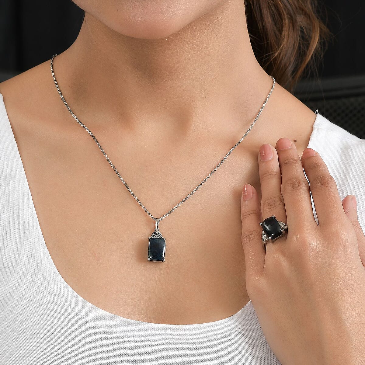 Australian Vivianite Solitaire Ring (Size 6.0) and Pendant Necklace 20 Inches in Stainless Steel 11.40 ctw image number 2