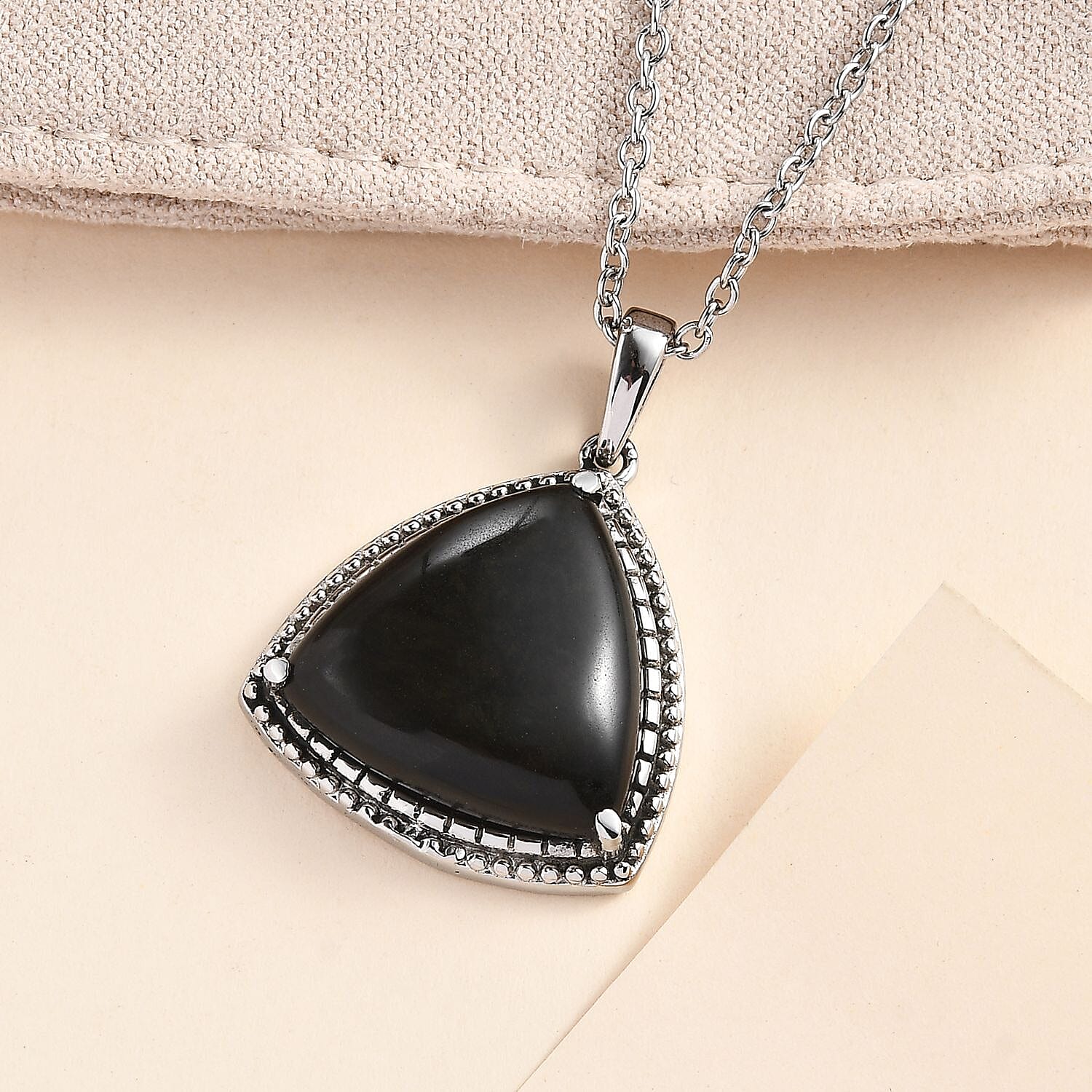 Mexican Velvet Obsidian Trillion Shape Pendant Necklace 20 Inches in Stainless Steel 6.85 ctw