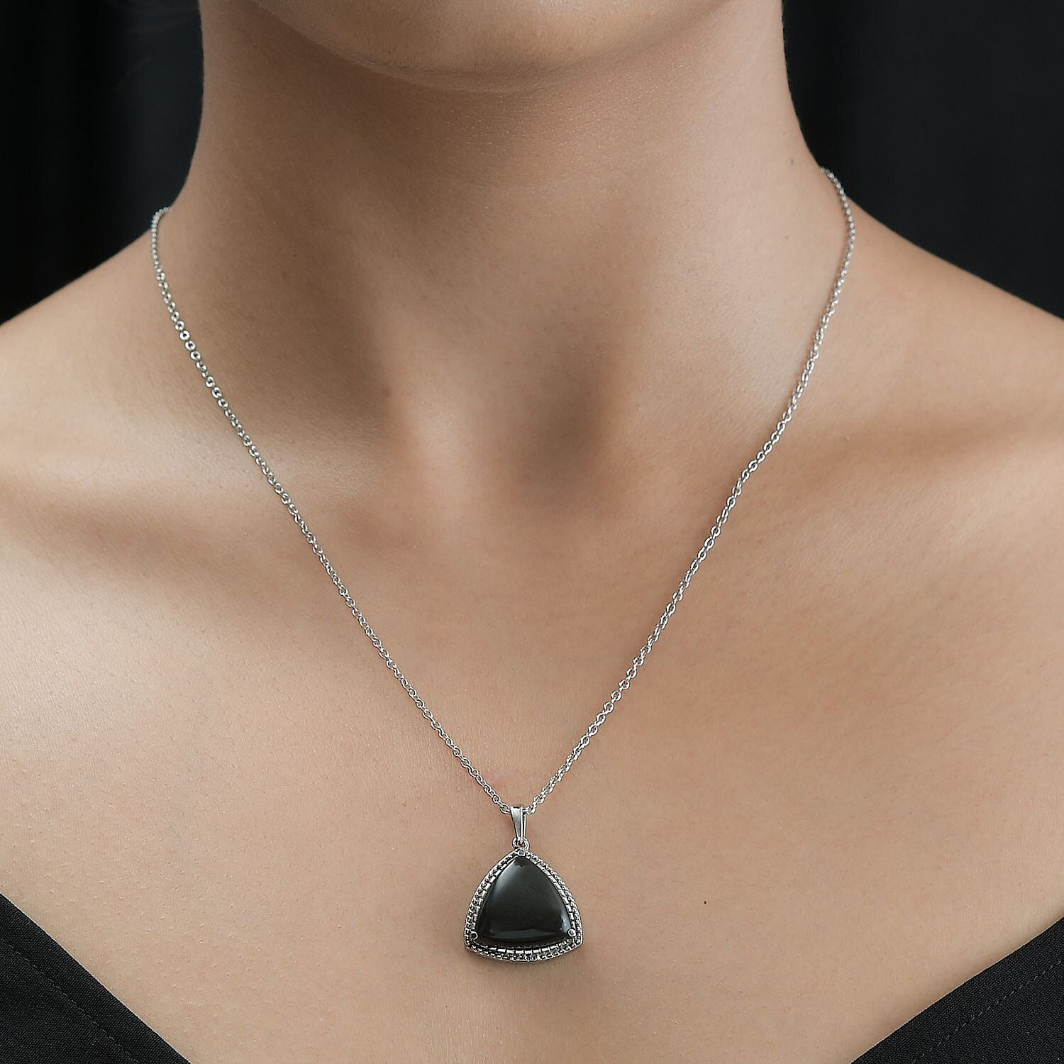 Mexican Velvet Obsidian Trillion Shape Pendant Necklace 20 Inches in Stainless Steel 6.85 ctw