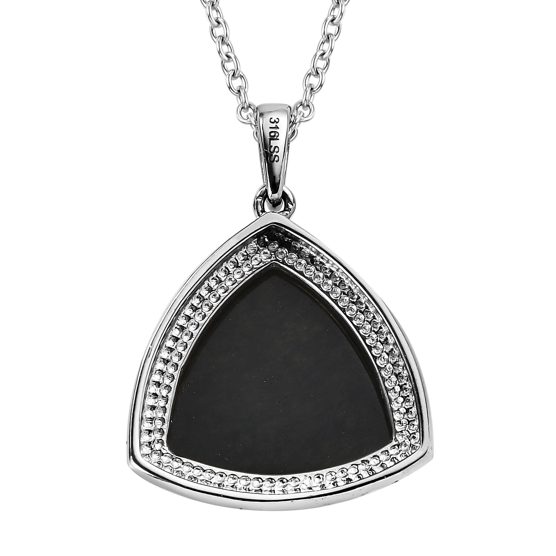 Mexican Velvet Obsidian Trillion Shape Pendant Necklace 20 Inches in Stainless Steel 6.85 ctw