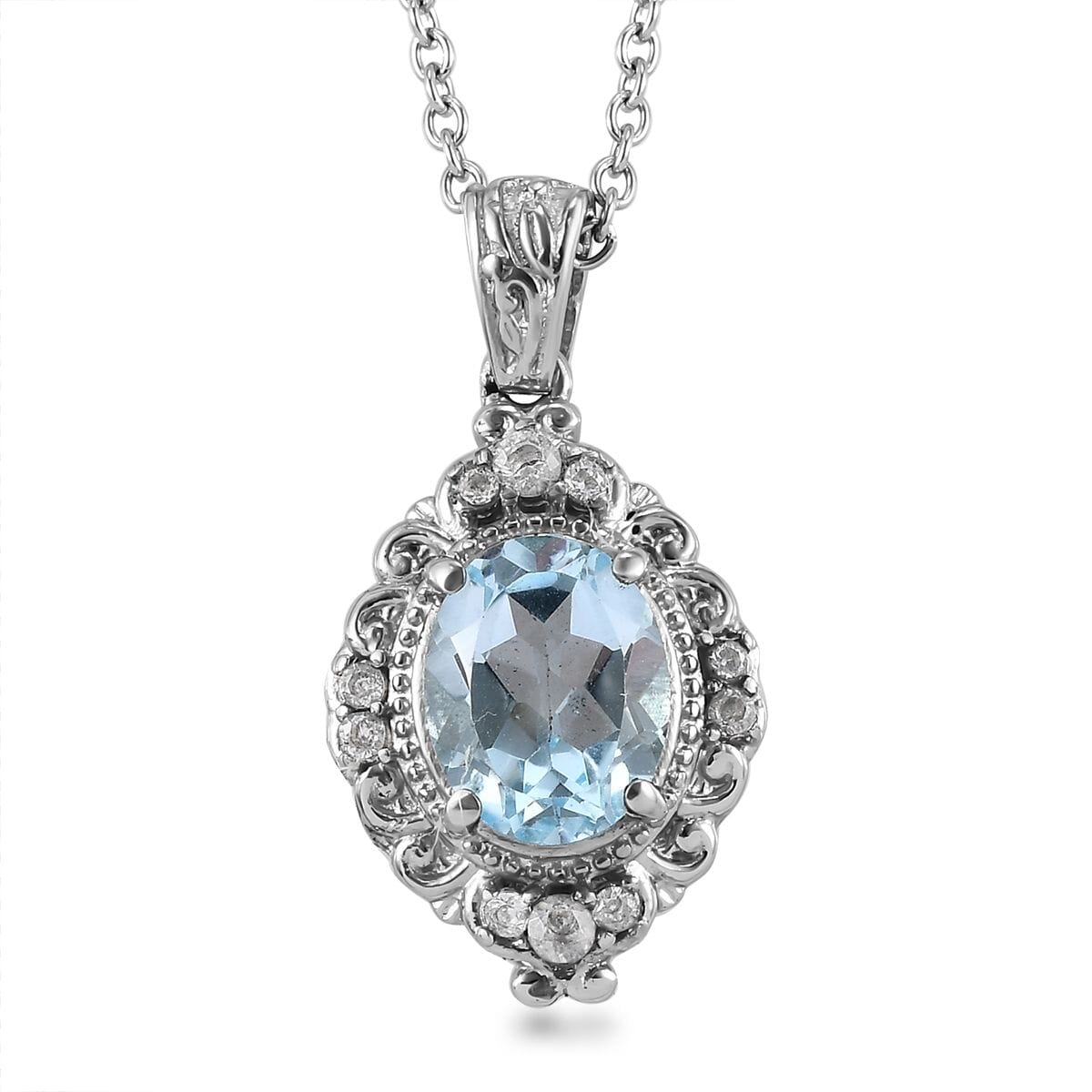 Sky Blue Topaz, White Zircon Pendant Necklace (20 Inches) in Stainless Steel 3.52 ctw image number 0