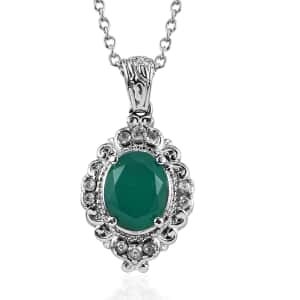 Verde Onyx and White Zircon Pendant Necklace 20 Inches in Stainless Steel 2.85 ctw