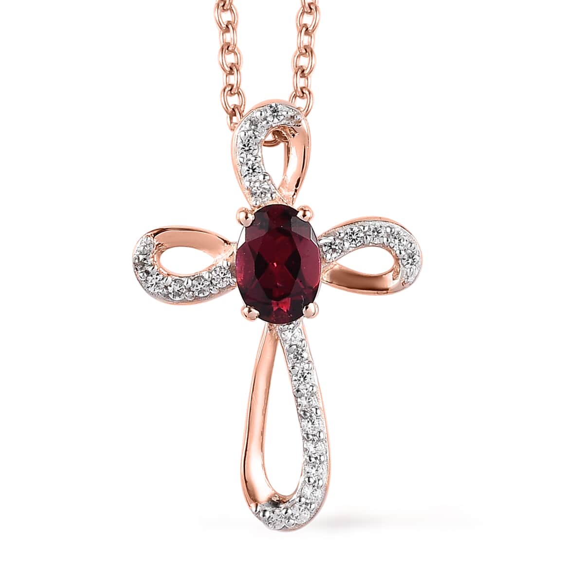 Tanzanian Rhodolite Garnet Cross Pendant Necklace 20 Inches in Vermeil Rose Gold Over Sterling Silver 1.20 ctw image number 0