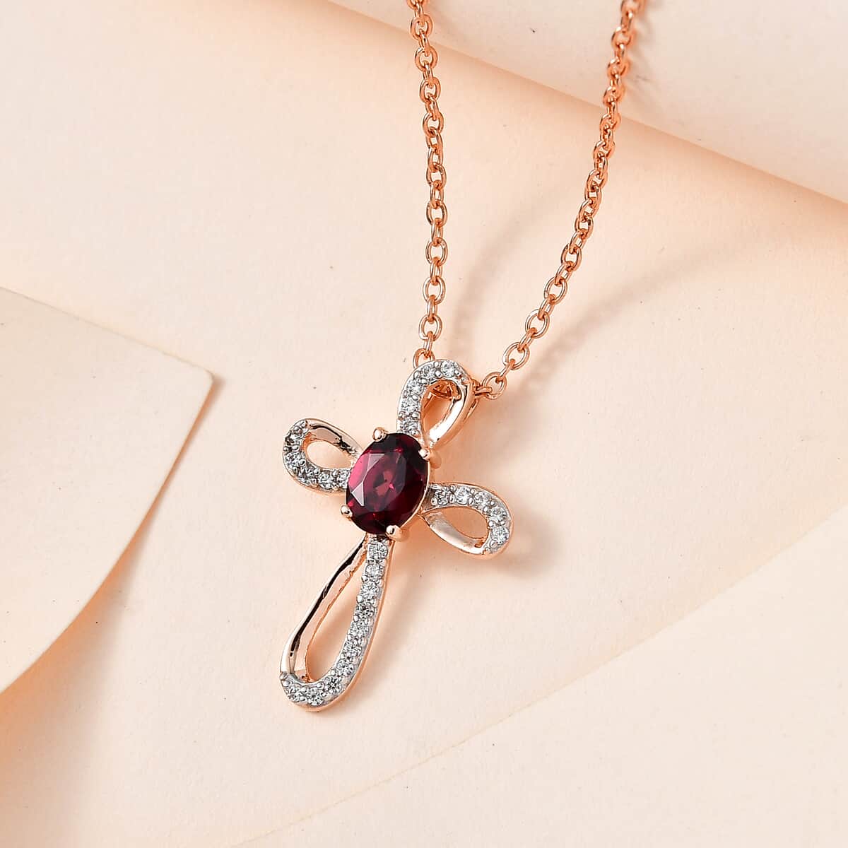 Tanzanian Rhodolite Garnet Cross Pendant Necklace 20 Inches in Vermeil Rose Gold Over Sterling Silver 1.20 ctw image number 1