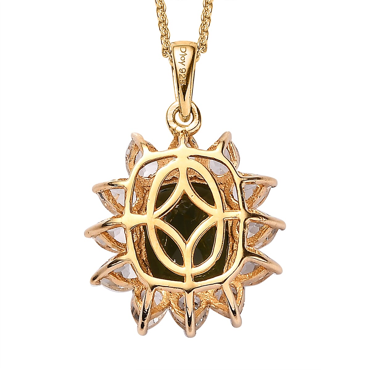 Premium Bohemian Moldavite and White Topaz Sunflower Pendant Necklace 20 Inches in Vermeil Yellow Gold Over Sterling Silver 5.10 ctw