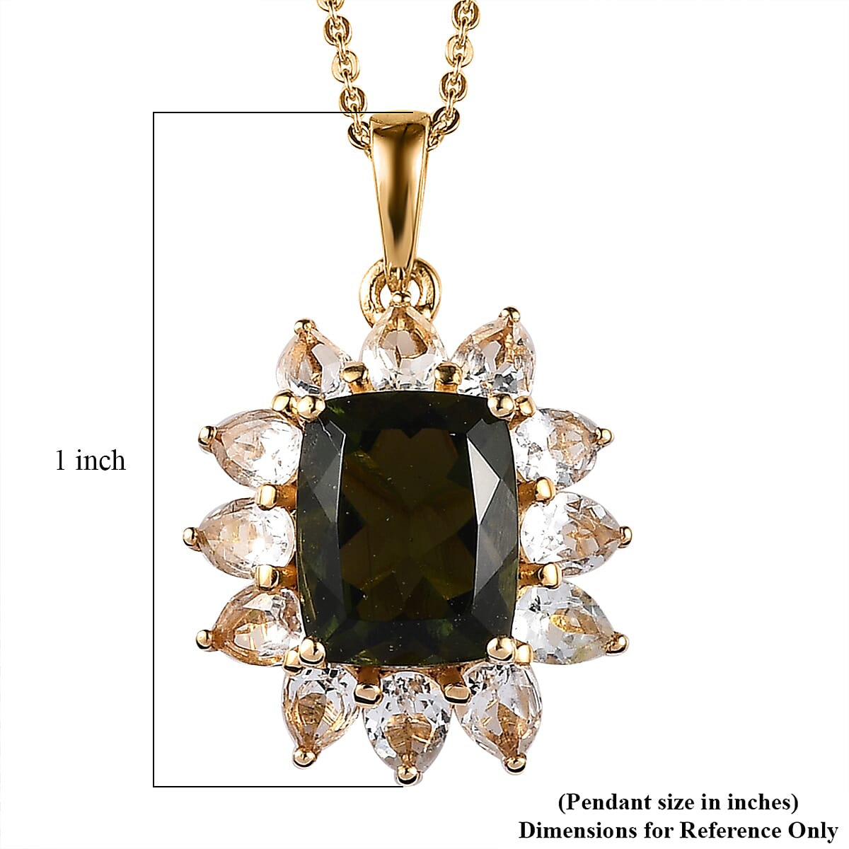 Premium Bohemian Moldavite and White Topaz Sunflower Pendant Necklace 20 Inches in Vermeil Yellow Gold Over Sterling Silver 5.10 ctw