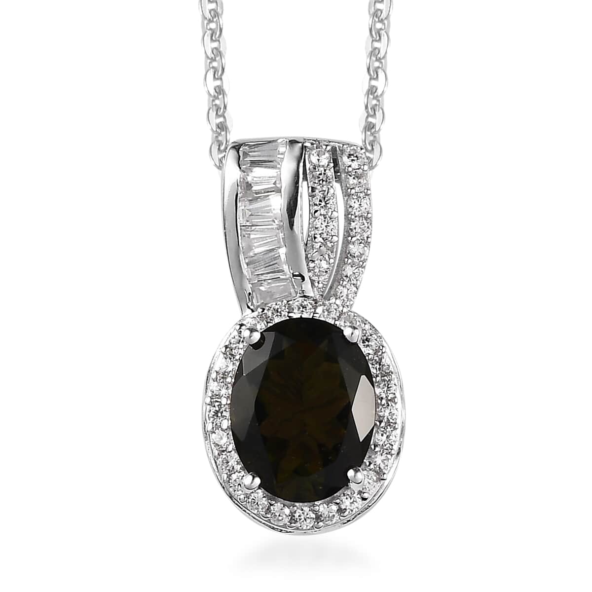 Premium Bohemian Moldavite and Bohemian Moldavite Halo Pendant Necklace 20 Inches in Platinum Over Sterling Silver 2.15 ctw image number 0