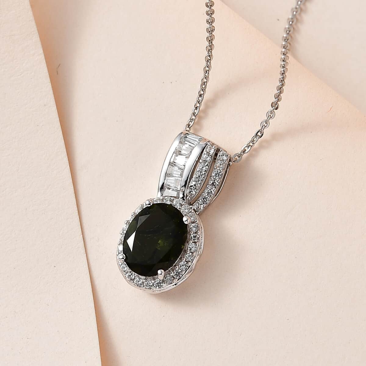 Premium Bohemian Moldavite and Bohemian Moldavite Halo Pendant Necklace 20 Inches in Platinum Over Sterling Silver 2.15 ctw image number 1