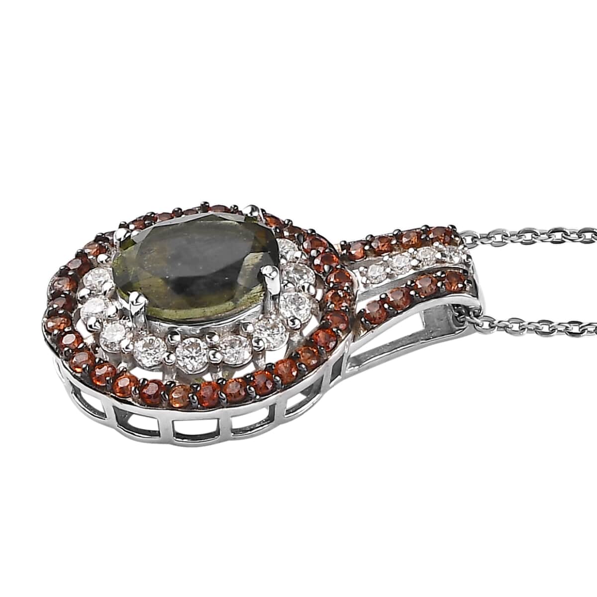 Premium Bohemian Moldavite, Multi Gemstone Double Halo Pendant Necklace 20 Inches in Rhodium and Platinum Over Sterling Silver 3.00 ctw image number 3