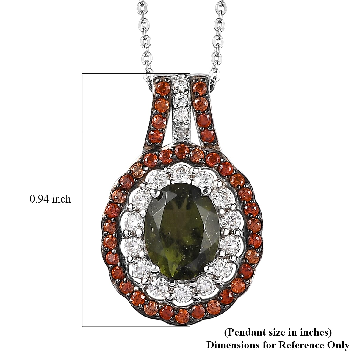 Premium Bohemian Moldavite, Multi Gemstone Double Halo Pendant Necklace 20 Inches in Rhodium and Platinum Over Sterling Silver 3.00 ctw