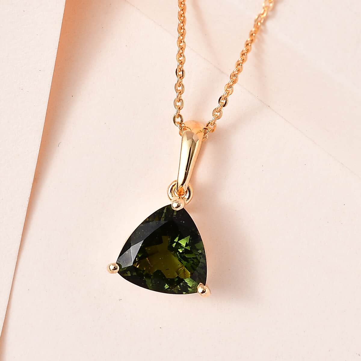 Premium Bohemian Moldavite Solitaire Pendant Necklace 20 Inches in Vermeil Yellow Gold Over Sterling Silver 2.20 ctw image number 1