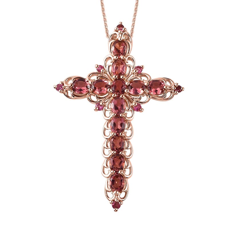 Premium Blush Tourmaline and Ouro Fino Rubellite Cross Pendant Necklace 20 Inches in Vermeil Rose Gold Over Sterling Silver 4.30 ctw