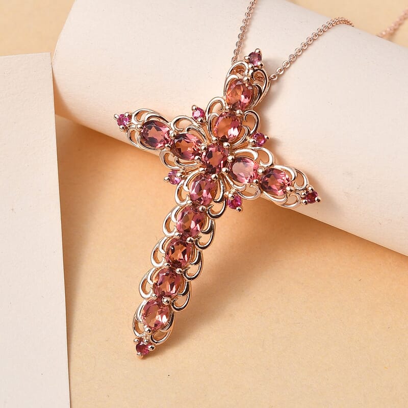 Premium Blush Tourmaline and Ouro Fino Rubellite Cross Pendant Necklace 20 Inches in Vermeil Rose Gold Over Sterling Silver 4.30 ctw