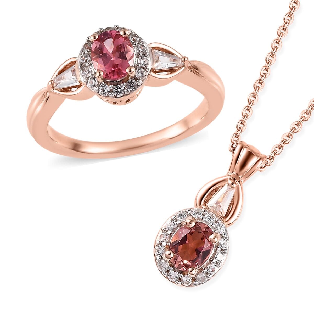 Premium Blush Tourmaline, White Zircon Halo Ring and Pendant Necklace 20 Inches in Vermeil Rose Gold Over Sterling Silver 1.15 ctw image number 0