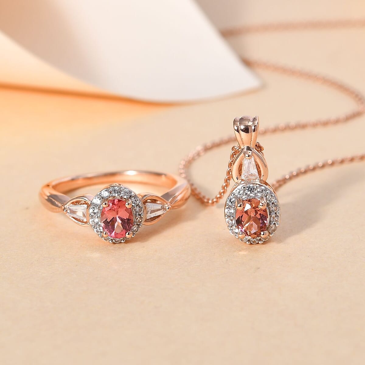 Premium Blush Tourmaline, White Zircon Halo Ring and Pendant Necklace 20 Inches in Vermeil Rose Gold Over Sterling Silver 1.15 ctw image number 1
