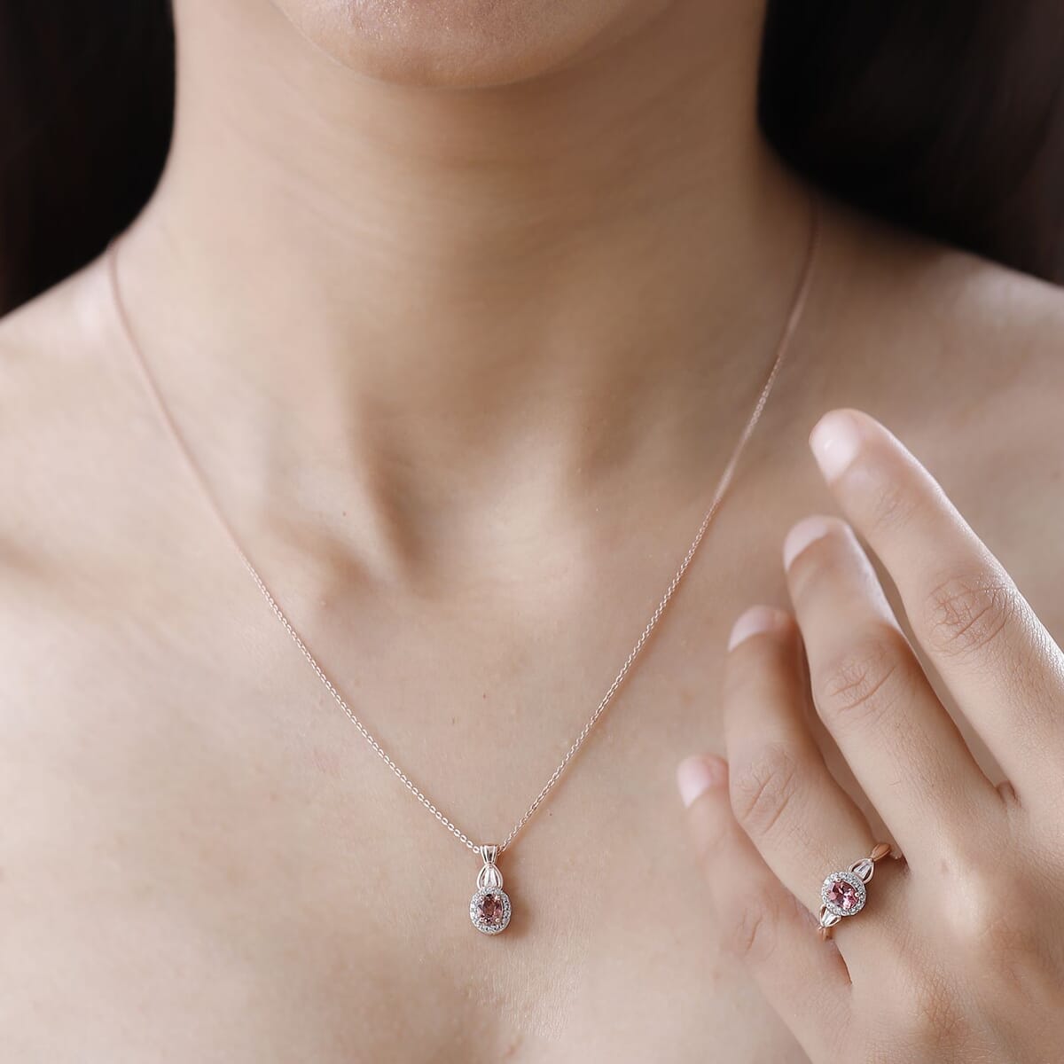 Premium Blush Tourmaline, White Zircon Halo Ring and Pendant Necklace 20 Inches in Vermeil Rose Gold Over Sterling Silver 1.15 ctw image number 2