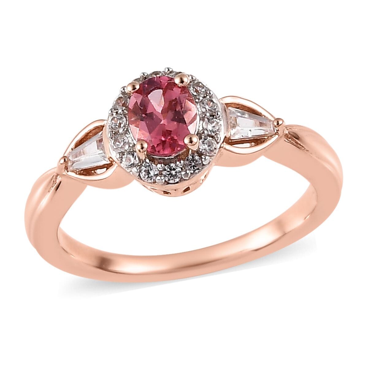 Premium Blush Tourmaline, White Zircon Halo Ring and Pendant Necklace 20 Inches in Vermeil Rose Gold Over Sterling Silver 1.15 ctw image number 3