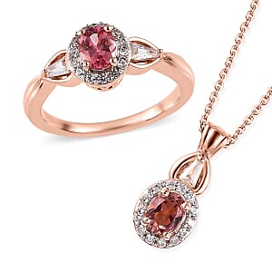 Premium Blush Tourmaline, White Zircon Halo Ring (Size 6.0) and Pendant Necklace 20 Inches in Vermeil Rose Gold Over Sterling Silver 1.15 ctw