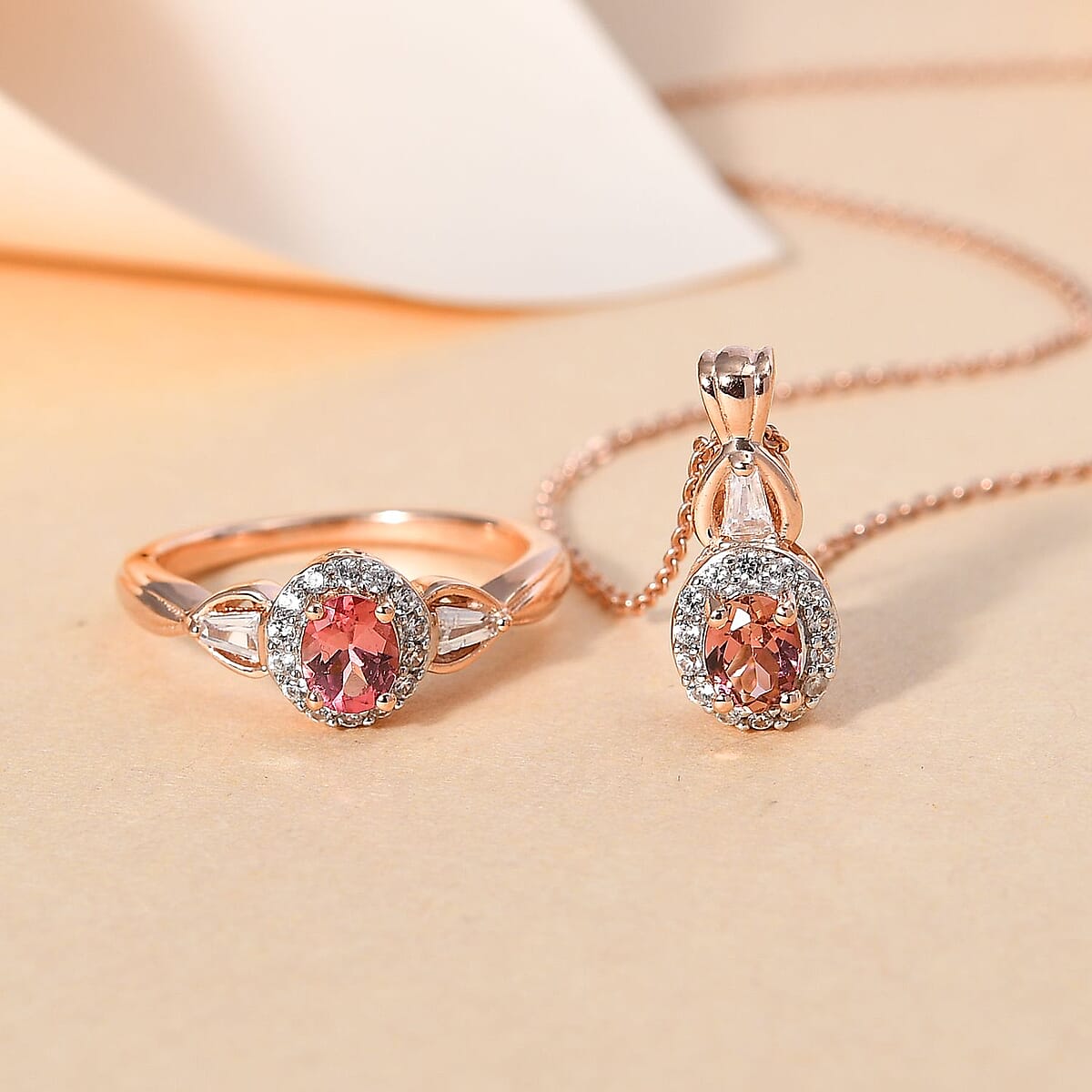 Premium Blush Tourmaline, White Zircon Halo Ring (Size 6.0) and Pendant Necklace 20 Inches in Vermeil Rose Gold Over Sterling Silver 1.15 ctw image number 1