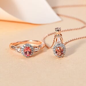 Premium Blush Tourmaline, White Zircon Halo Ring (Size 6.0) and Pendant Necklace 20 Inches in Vermeil Rose Gold Over Sterling Silver 1.15 ctw