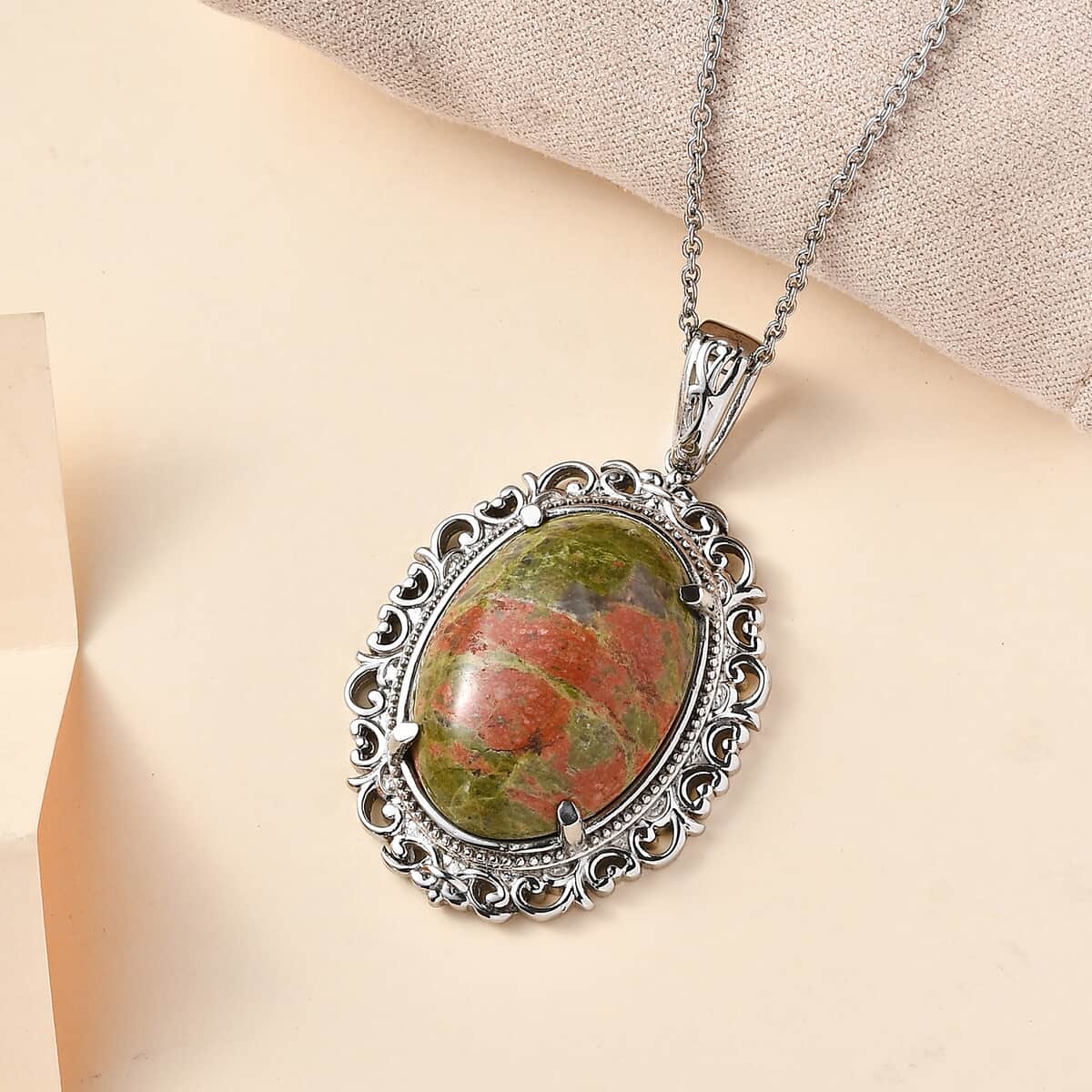 Unakite Pendant Necklace 20 Inches in Stainless Steel 27.20 ctw image number 1